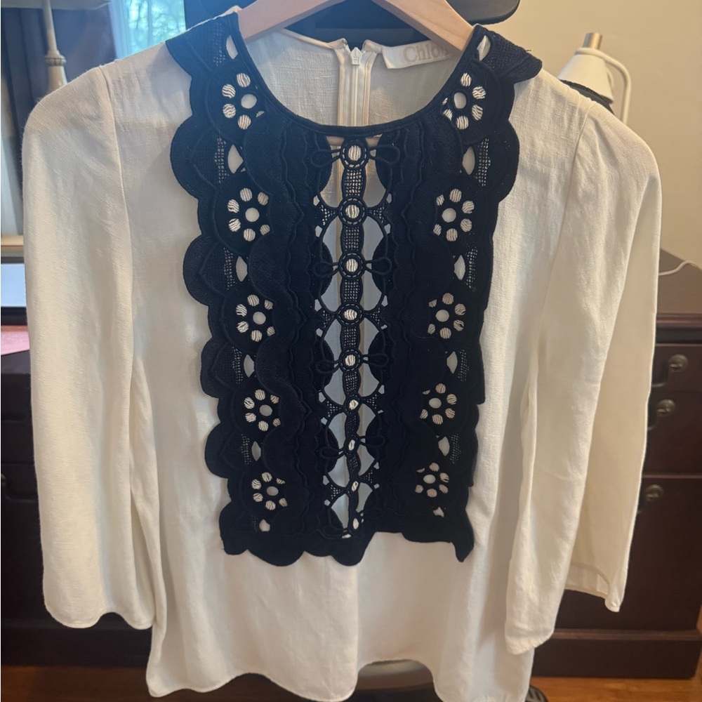 Chloe White and Blue Lace Women's Top - France 34/US small/extra small
